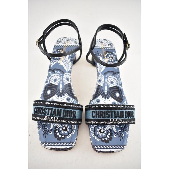 Dior Bandana Embroidered Black Blue Dway Heeled Sandal Strap Low Heel Pump 40 - Picture 6 of 13